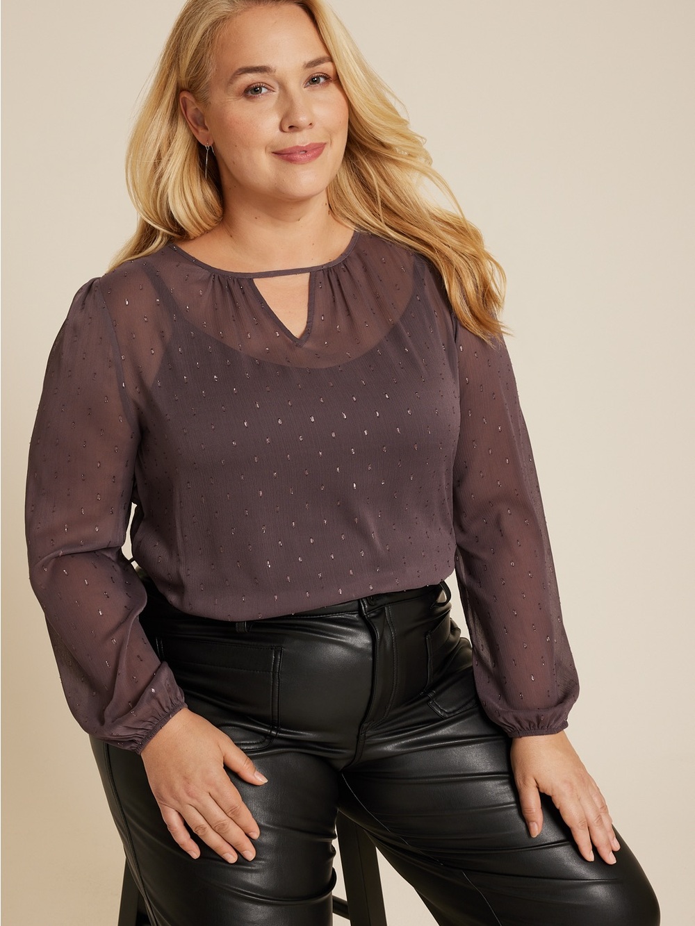 Maurices Leighton Clip Dot Metallic Thread Dot Sheer Long-Sleeve Blouse